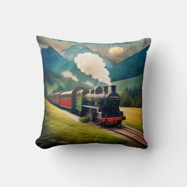Vintage Steam Train Throw Pillow (Front)