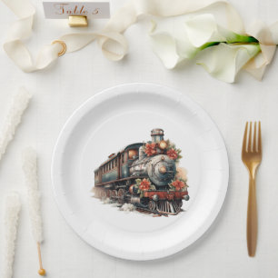 Vintage Steam Train Traditional Christmas Paper Plate