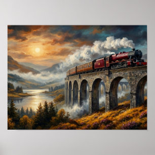 Vintage Steam Train Viaduct Painting Poster