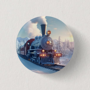 Vintage Steam Train Winter Landscape Snow Mountain 1 Inch Round Button