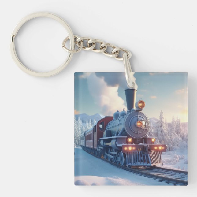 Vintage Steam Train Winter Landscape Snow Mountain Keychain (Front)