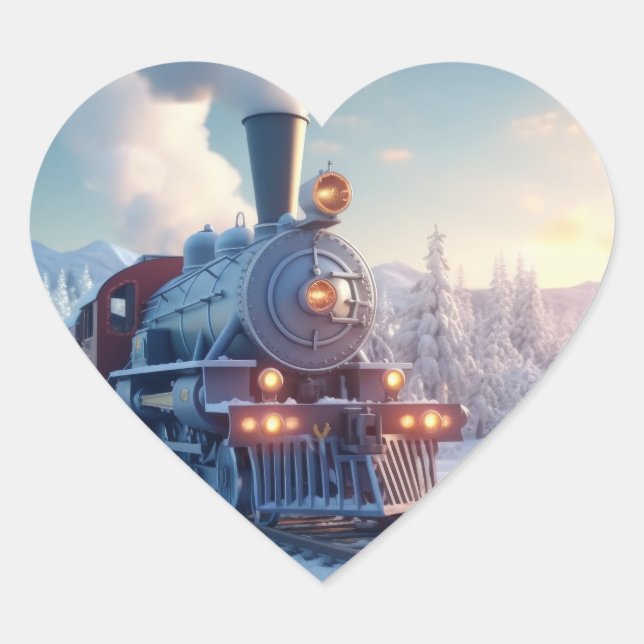 Vintage Steam Train Winter Snowy Mountains Heart Sticker (Front)