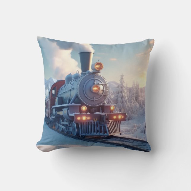 Vintage Steam Train Winter Snowy Mountains Throw Pillow (Front)