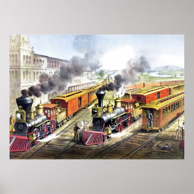 Vintage Steam Trains Travel Illustration Art Poster (Front)