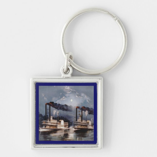 Vintage Steamboat Racing on Mississippi River Keychain (Front)