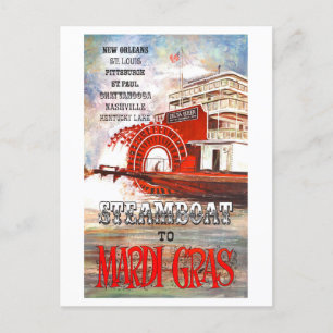 Vintage Steamboat to Mardi Gras Travel Poster Postcard