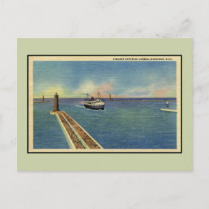 Vintage steamer entering harbour Muskegon MI Postcard