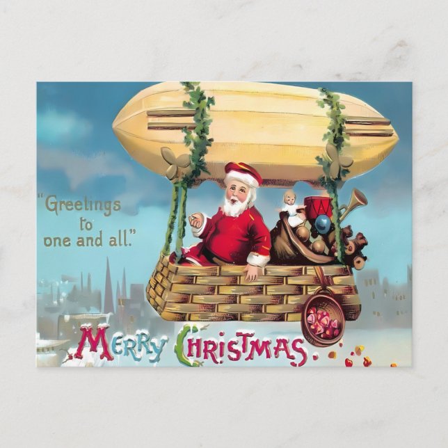 Vintage Steampunk Airship Santa 'Greetings' Merry  Postcard (Front)