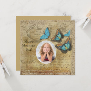 Vintage Steampunk Blue Butterflies on Parchment Card