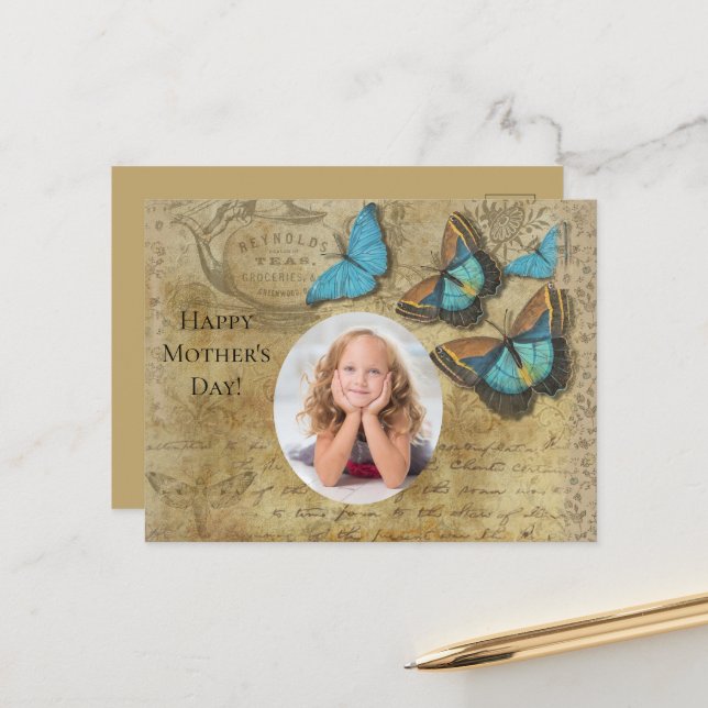 Vintage Steampunk Blue Butterflies on Parchment Postcard (Front/Back In Situ)