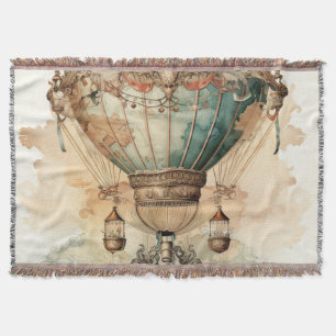 Vintage Steampunk Blue Hot Air Balloon (2) Throw Blanket
