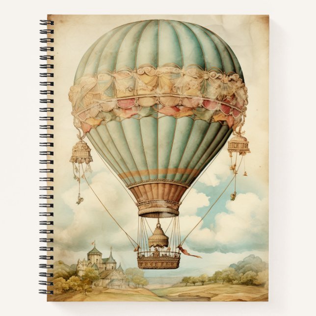 Vintage Steampunk Blue Hot Air Balloon Notebook (Front)