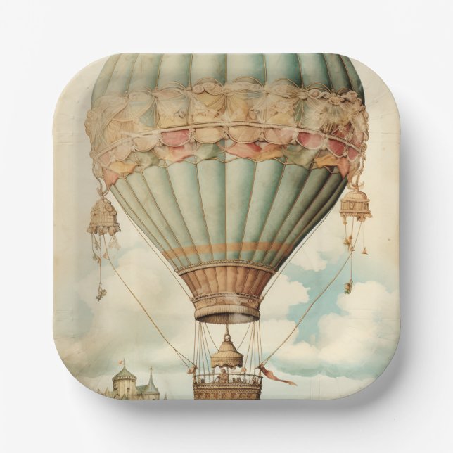 Vintage Steampunk Blue Hot Air Balloon Paper Plate (Front)