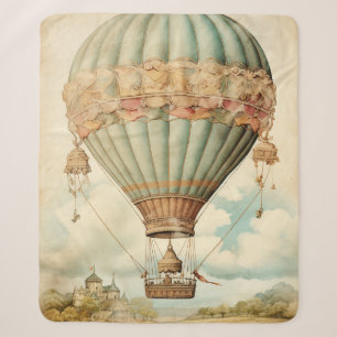 Vintage Steampunk Blue Hot Air Balloon Sherpa Blanket