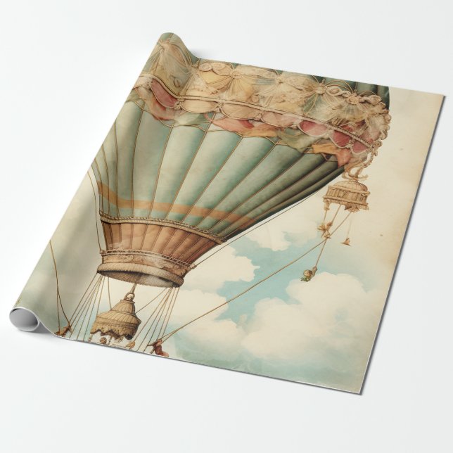 Vintage Steampunk Blue Hot Air Balloon Wrapping Paper (Unrolled)