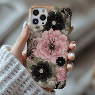 Vintage Steampunk Boho Pink & Black Floral iPhone 16 Pro Max Case