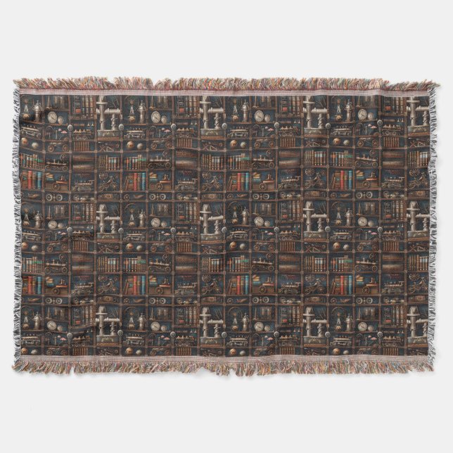 Vintage Steampunk Bookcase Mechanical Wonders Throw Blanket (Front)