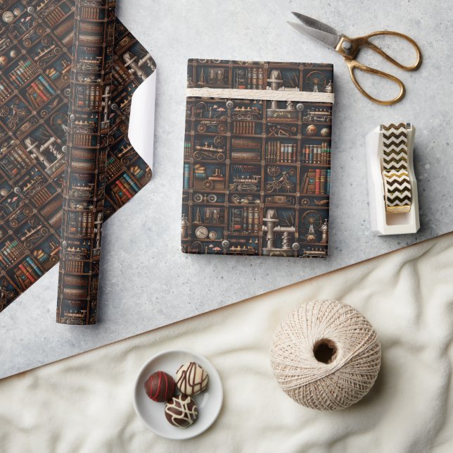Vintage Steampunk Bookcase Mechanical Wonders Wrapping Paper (Crafts)
