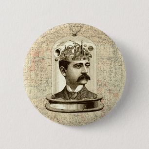 Vintage steampunk clockwork brain, moustache  man 2 inch round button
