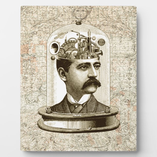 Vintage steampunk clockwork brain, moustache  man plaque (Front)