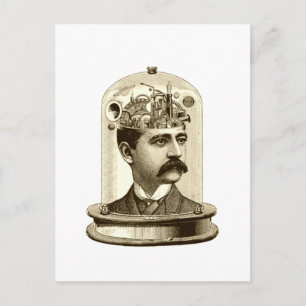 Vintage steampunk clockwork brain, moustache  man postcard