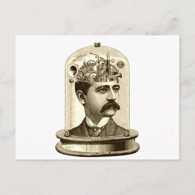 Vintage steampunk clockwork brain, moustache  man postcard (Front)