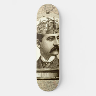 Vintage steampunk clockwork brain, moustache  man skateboard