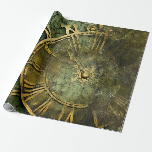 Vintage Steampunk Clockwork Emerald Wrapping Paper (Unrolled)