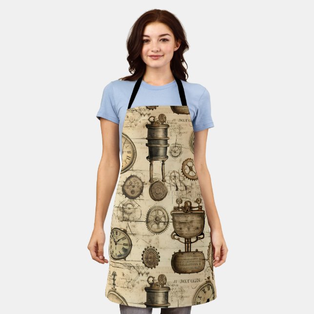 Vintage Steampunk Clockwork Parchment Brown Apron (Worn)