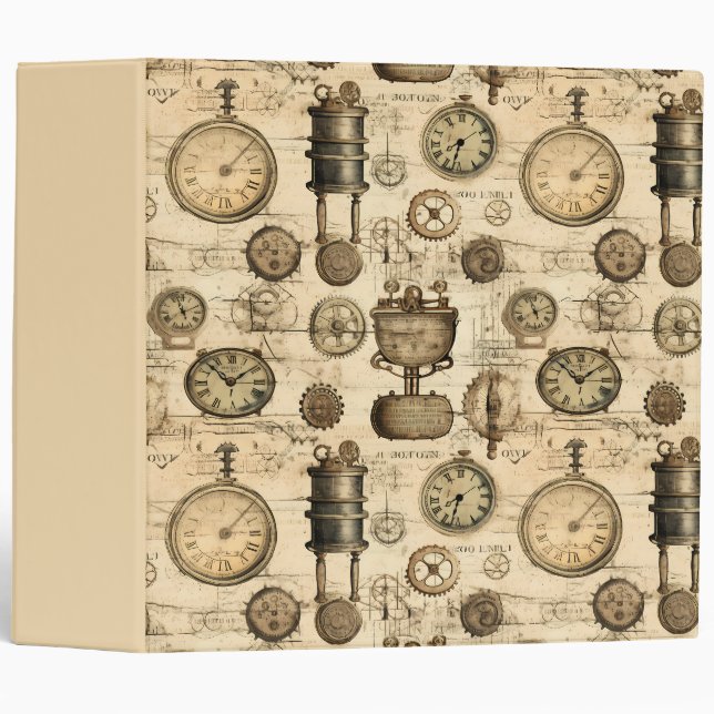Vintage Steampunk Clockwork Parchment Brown Binder (Front/Spine)