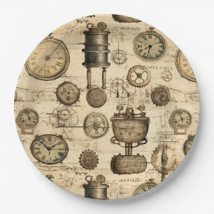 Vintage Steampunk Clockwork Parchment Brown Paper Plate