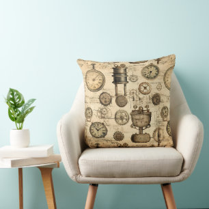 Vintage Steampunk Clockwork Parchment Brown Throw Pillow