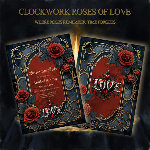 Vintage steampunk elegance clockwork Roses of Love Save The Date