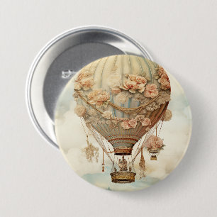 Vintage Steampunk Floral Blue Hot Air Balloon (2) 3 Inch Round Button