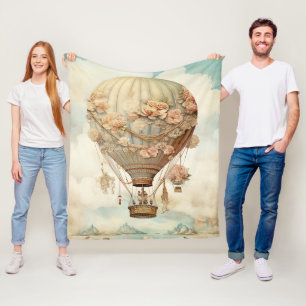 Vintage Steampunk Floral Blue Hot Air Balloon (2) Fleece Blanket