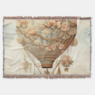 Vintage Steampunk Floral Blue Hot Air Balloon (2) Throw Blanket