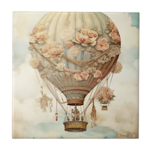 Vintage Steampunk Floral Blue Hot Air Balloon (2) Tile