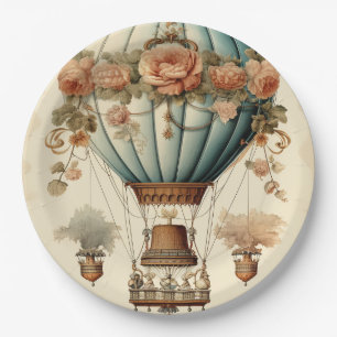 Vintage Steampunk Floral Blue Hot Air Balloon  Paper Plate