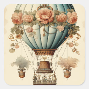 Vintage Steampunk Floral Blue Hot Air Balloon Square Sticker