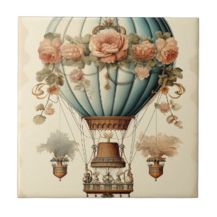 Vintage Steampunk Floral Blue Hot Air Balloon  Tile