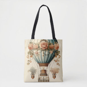 Vintage Steampunk Floral Blue Hot Air Balloon Tote Bag