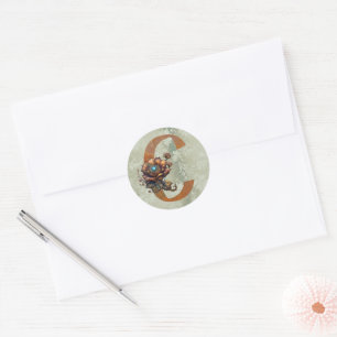 Vintage Steampunk Floral Letter C Classic Round Sticker
