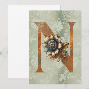 Vintage Steampunk Floral Letter N Note Cards