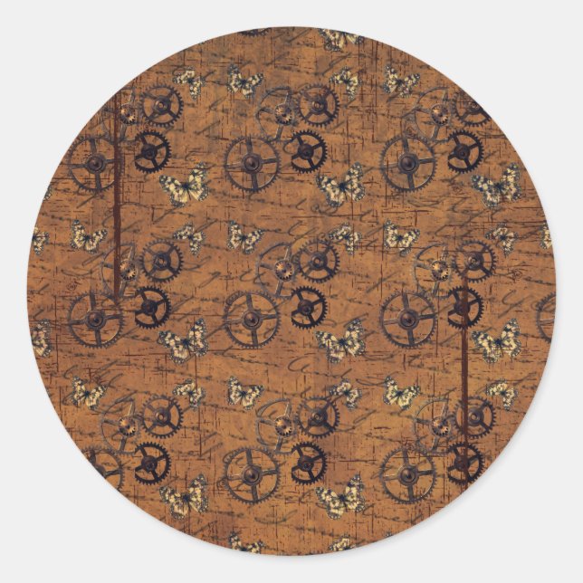 Vintage Steampunk Gears Wallpaper Classic Round Sticker (Front)