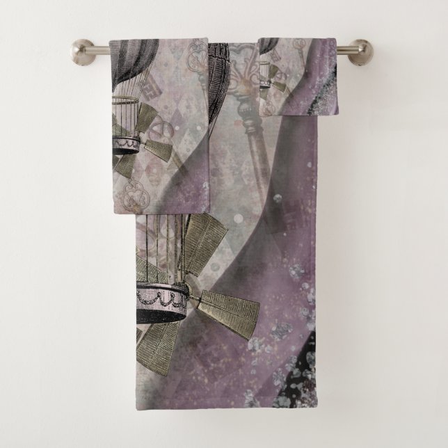 Vintage Steampunk Glam Purple Airship Bath Towel Set (Insitu)
