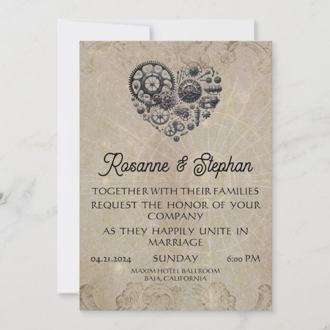 Vintage Steampunk Heart of Gears Wedding Invitation (Front)