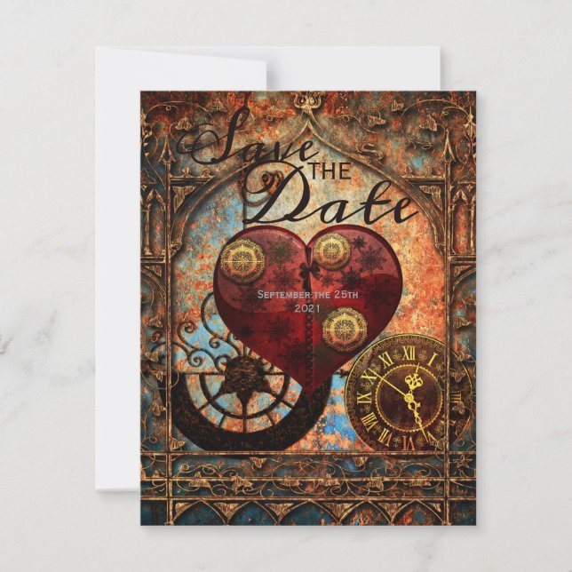 Vintage Steampunk Hearts Gears Wedding Save Date Invitation (Front)