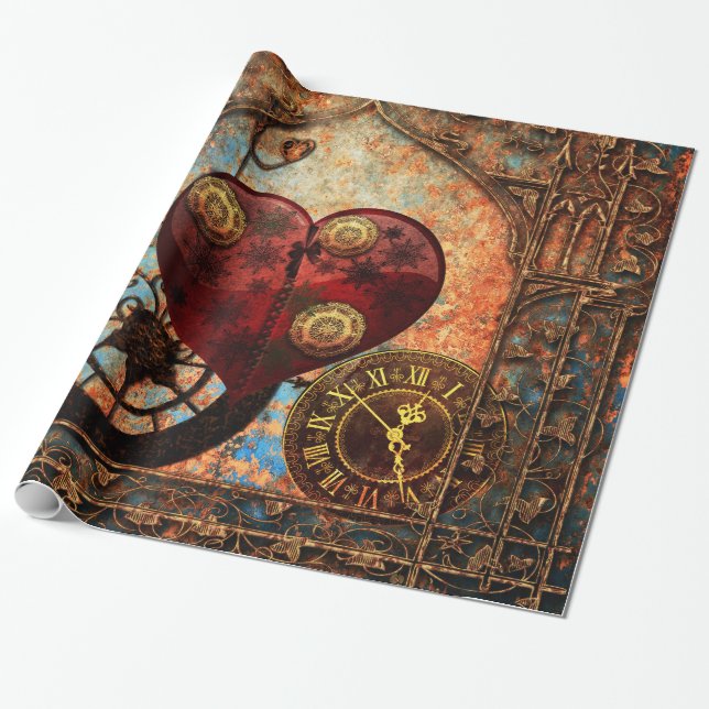Vintage Steampunk Hearts Wallpaper Wrapping Paper (Unrolled)