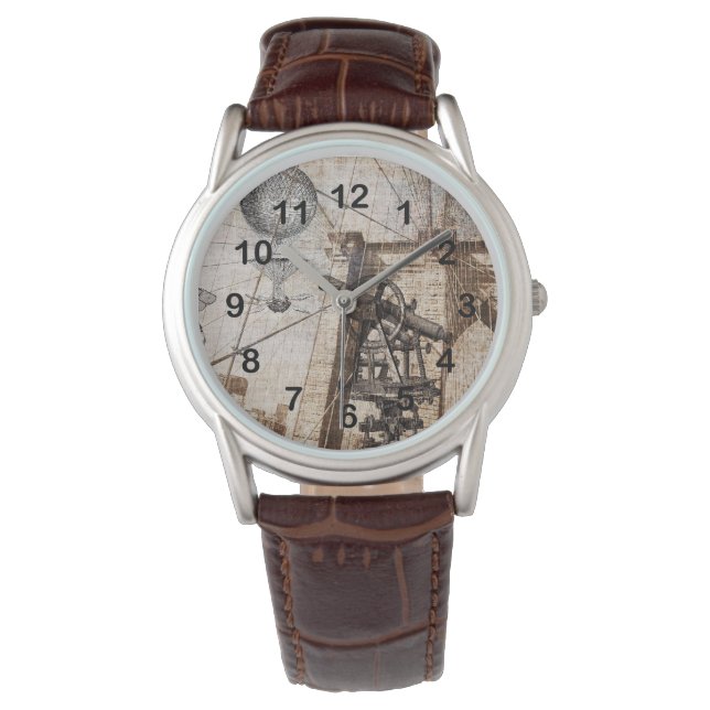 Vintage steampunk hot air ballon and telescope watch (Front)