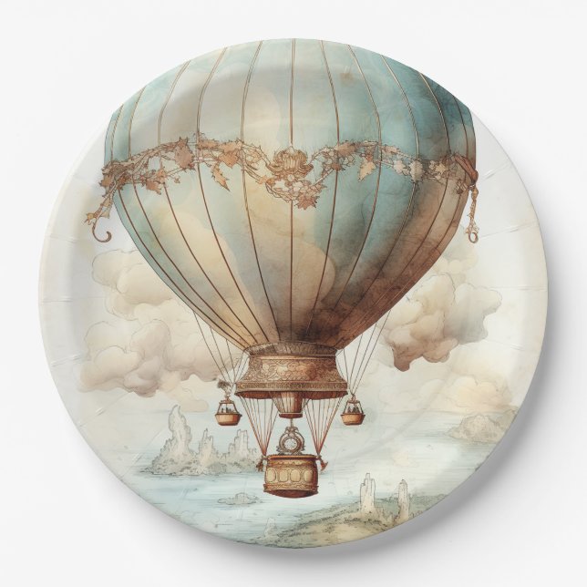 Vintage Steampunk Hot Air Balloon (2) Paper Plate (Front)